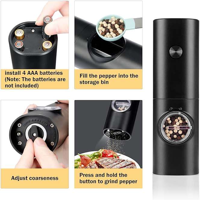 Gulex Electric Pepper Grinder or Salt Mill, Battery Powered Automatic Pepper Mill, Ceramic Grinder with Adjustable Coarseness, LED Light, One Hand Operation (1 pack) - Image 4