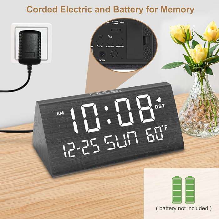 DreamSky Digital Alarm Clocks for Bedrooms - Wooden Desk Clock with Date, Day of Week, USB Port, Temperature, Dimmer for Bedside Table, Living Room, Office, Adjustable Volume, Auto DST, Wood Decor - Image 3