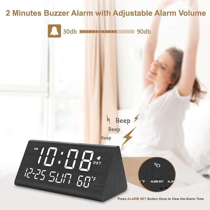 DreamSky Digital Alarm Clocks for Bedrooms - Wooden Desk Clock with Date, Day of Week, USB Port, Temperature, Dimmer for Bedside Table, Living Room, Office, Adjustable Volume, Auto DST, Wood Decor - Image 4