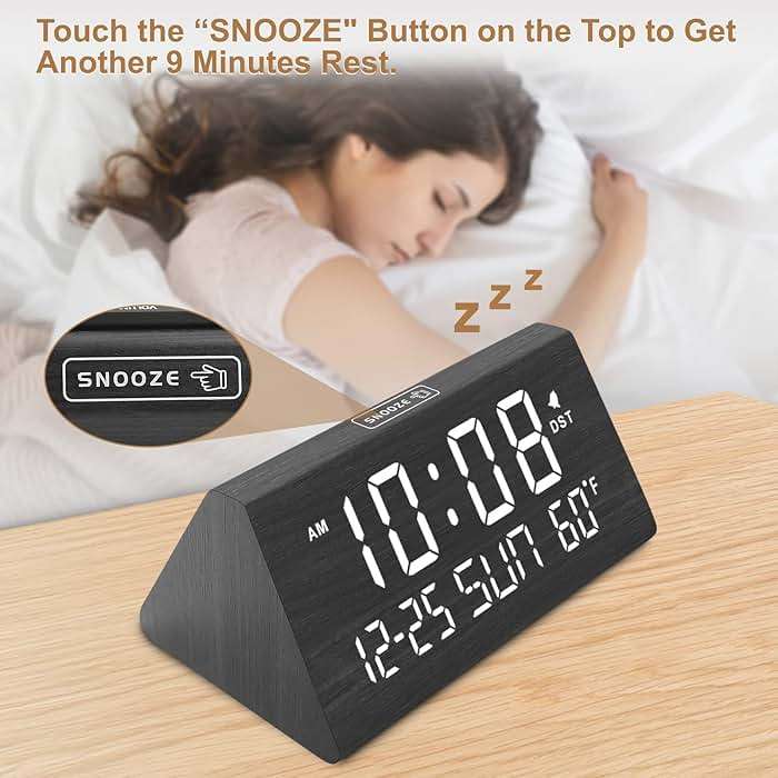 DreamSky Digital Alarm Clocks for Bedrooms - Wooden Desk Clock with Date, Day of Week, USB Port, Temperature, Dimmer for Bedside Table, Living Room, Office, Adjustable Volume, Auto DST, Wood Decor - Image 5