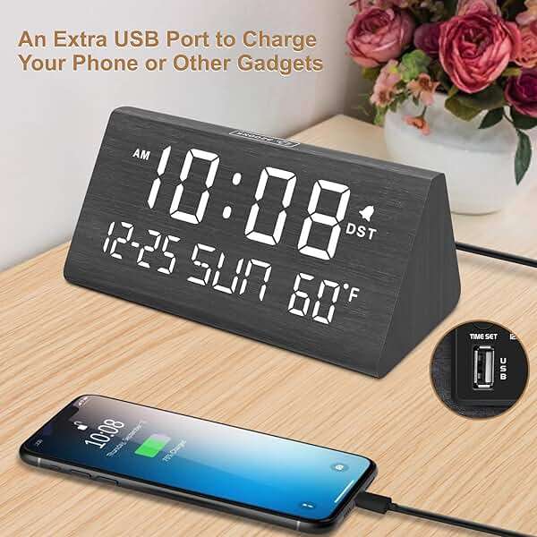 DreamSky Digital Alarm Clocks for Bedrooms - Wooden Desk Clock with Date, Day of Week, USB Port, Temperature, Dimmer for Bedside Table, Living Room, Office, Adjustable Volume, Auto DST, Wood Decor - Image 6
