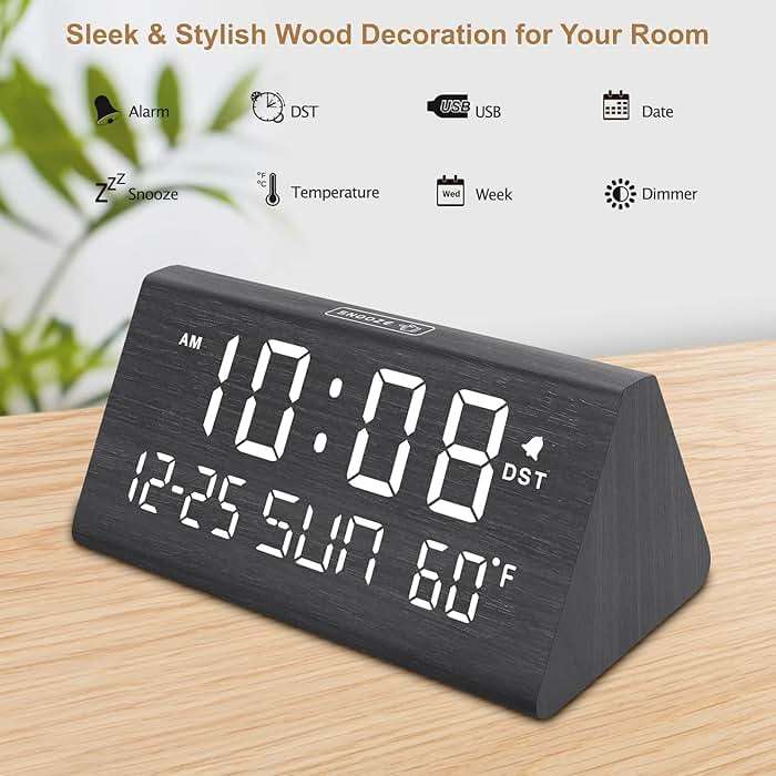 DreamSky Digital Alarm Clocks for Bedrooms - Wooden Desk Clock with Date, Day of Week, USB Port, Temperature, Dimmer for Bedside Table, Living Room, Office, Adjustable Volume, Auto DST, Wood Decor - Image 7