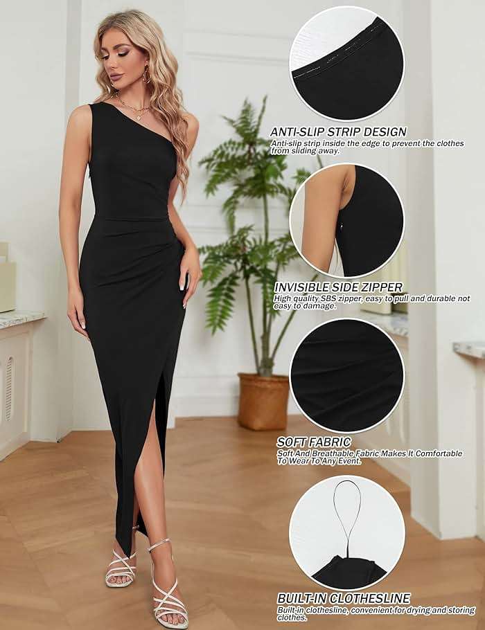 Sarin Mathews Womens One Shoulder Long Formal Dress Sexy Summer Sleeveless Bodycon Ruched Wrap Split Cocktail Dresses - Image 4