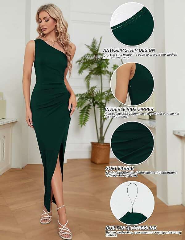 Sarin Mathews Womens One Shoulder Long Formal Dress Sexy Summer Sleeveless Bodycon Ruched Wrap Split Cocktail Dresses - Image 4