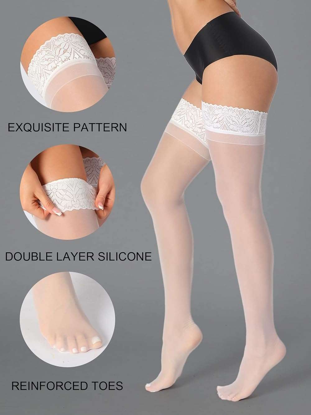 HONENNA Sheer Thigh High Stockings, 17+ Colors Stay Up Lace Top with Anti-Slip Silicone for Women - Image 5