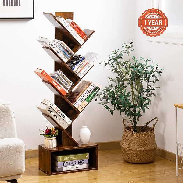 Yoobure Tree Bookshelf - 6 Shelf Retro Floor Standing Bookcase, Tall Wood Book Storage Rack for CDs/Movies/Books, Utility Book Organizer Shelves for Bedroom, Living Room, Home Office, Rustic Brown - Image 2