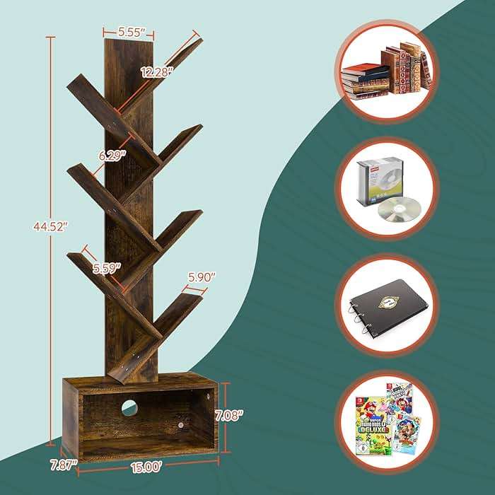 Yoobure Tree Bookshelf - 6 Shelf Retro Floor Standing Bookcase, Tall Wood Book Storage Rack for CDs/Movies/Books, Utility Book Organizer Shelves for Bedroom, Living Room, Home Office, Rustic Brown - Image 3