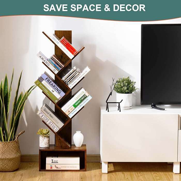 Yoobure Tree Bookshelf - 6 Shelf Retro Floor Standing Bookcase, Tall Wood Book Storage Rack for CDs/Movies/Books, Utility Book Organizer Shelves for Bedroom, Living Room, Home Office, Rustic Brown - Image 4