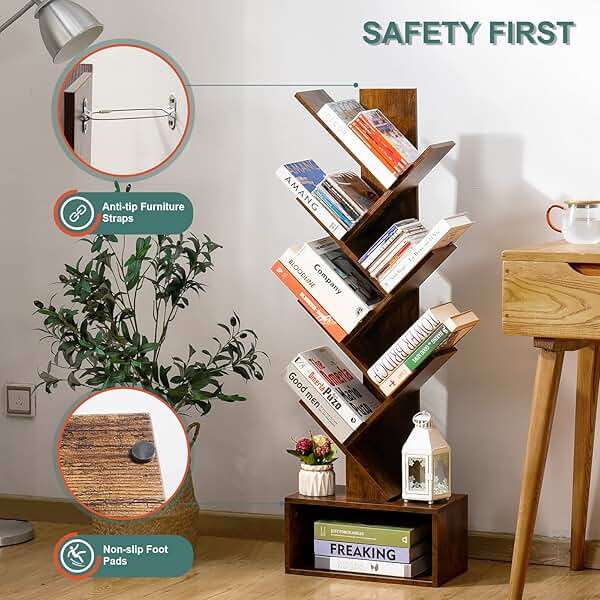 Yoobure Tree Bookshelf - 6 Shelf Retro Floor Standing Bookcase, Tall Wood Book Storage Rack for CDs/Movies/Books, Utility Book Organizer Shelves for Bedroom, Living Room, Home Office, Rustic Brown - Image 5