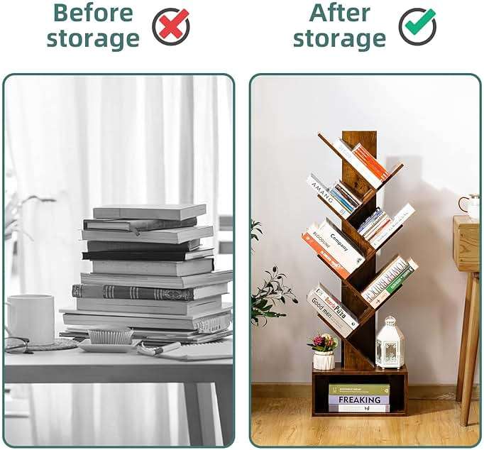 Yoobure Tree Bookshelf - 6 Shelf Retro Floor Standing Bookcase, Tall Wood Book Storage Rack for CDs/Movies/Books, Utility Book Organizer Shelves for Bedroom, Living Room, Home Office, Rustic Brown - Image 6