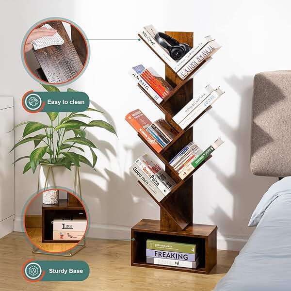 Yoobure Tree Bookshelf - 6 Shelf Retro Floor Standing Bookcase, Tall Wood Book Storage Rack for CDs/Movies/Books, Utility Book Organizer Shelves for Bedroom, Living Room, Home Office, Rustic Brown - Image 7