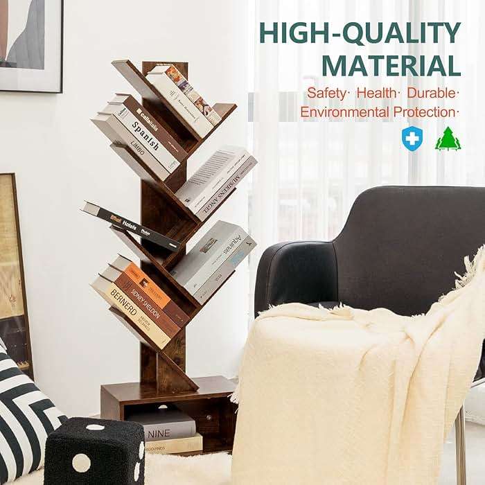 Yoobure Tree Bookshelf - 6 Shelf Retro Floor Standing Bookcase, Tall Wood Book Storage Rack for CDs/Movies/Books, Utility Book Organizer Shelves for Bedroom, Living Room, Home Office, Rustic Brown - Image 8