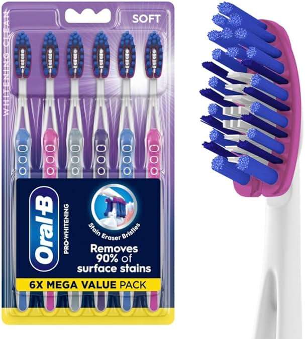 Oral-B 3D White Deep Stain Remover toothbrushes, 6 Count Toothbrush Soft, Removes 90% of Surface Stains, whitens Teeth, deep Reach, removes Plaque and Stains Tooth Brush - Image 1