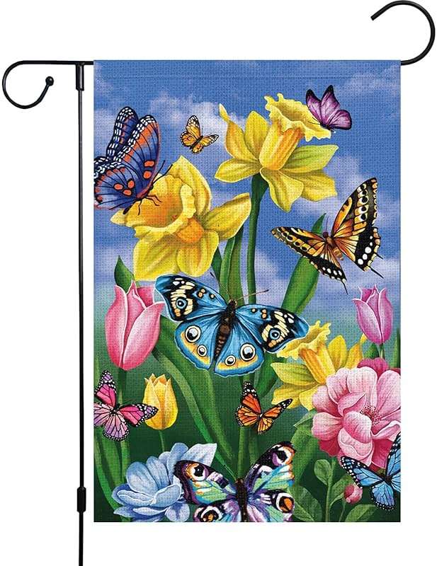 Louise Maelys Spring Daffodil Garden Flag 12x18 Double Sided, Burlap Small Butterfly Floral Flower Welcome Yard House Outside Outdoor Summer Decoration - Image 1