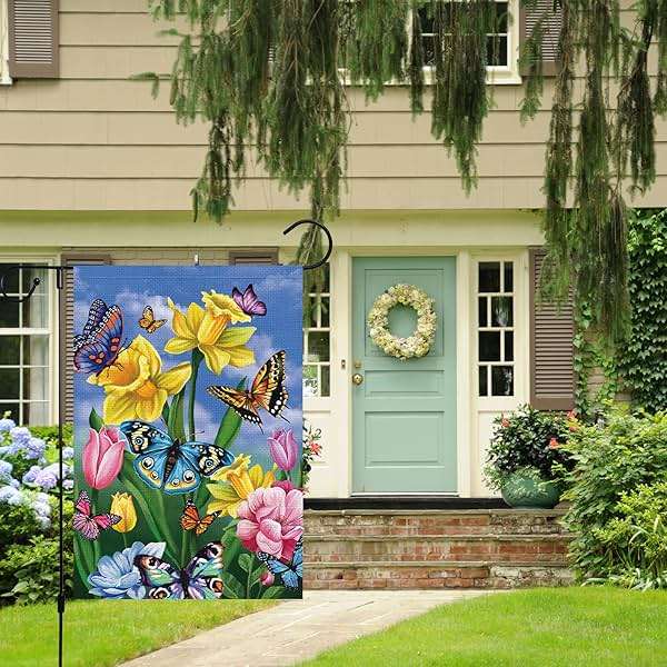 Louise Maelys Spring Daffodil Garden Flag 12x18 Double Sided, Burlap Small Butterfly Floral Flower Welcome Yard House Outside Outdoor Summer Decoration - Image 2