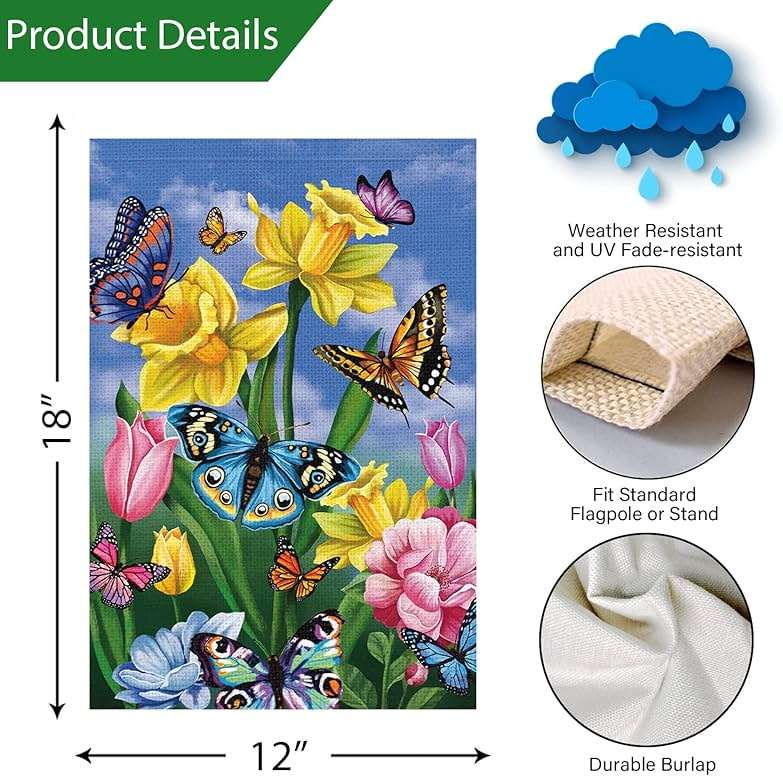 Louise Maelys Spring Daffodil Garden Flag 12x18 Double Sided, Burlap Small Butterfly Floral Flower Welcome Yard House Outside Outdoor Summer Decoration - Image 3