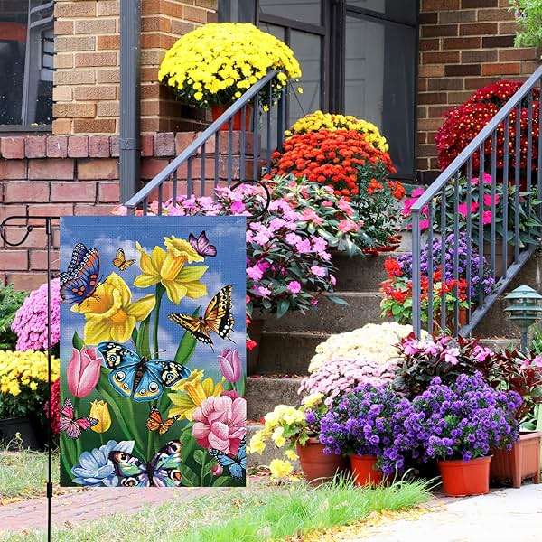 Louise Maelys Spring Daffodil Garden Flag 12x18 Double Sided, Burlap Small Butterfly Floral Flower Welcome Yard House Outside Outdoor Summer Decoration - Image 4