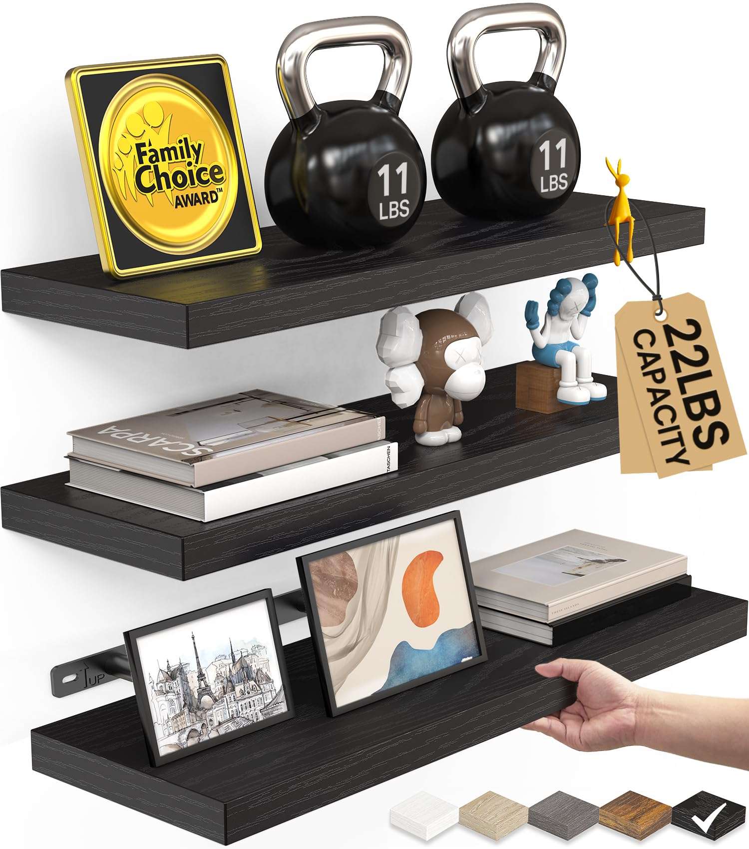 BAYKA Floating Shelves for Wall, Wall Mounted Rustic Wood Shelves for Bathroom, Bedroom, Living Room, Kitchen, Hanging Shelf for Books/Storage/Room Decor with 22lbs Capacity (Black, Set of 3, 15.7in) - Image 1