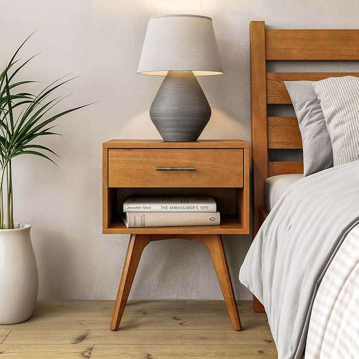 Mid Century Modern One Drawer Nightstand/Constructed of Solid Wood/Castanho Finish - Image 2
