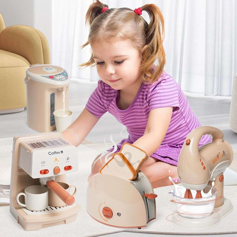 Kitchen Appliances Toy for Kids Kitchen Pretend Play Toy Play Kitchen Set with Coffee Maker Blender Espresso Machine Water Dispenser Toaster Mixer Realistic Sounds for Boys Girls 3+ - Image 2