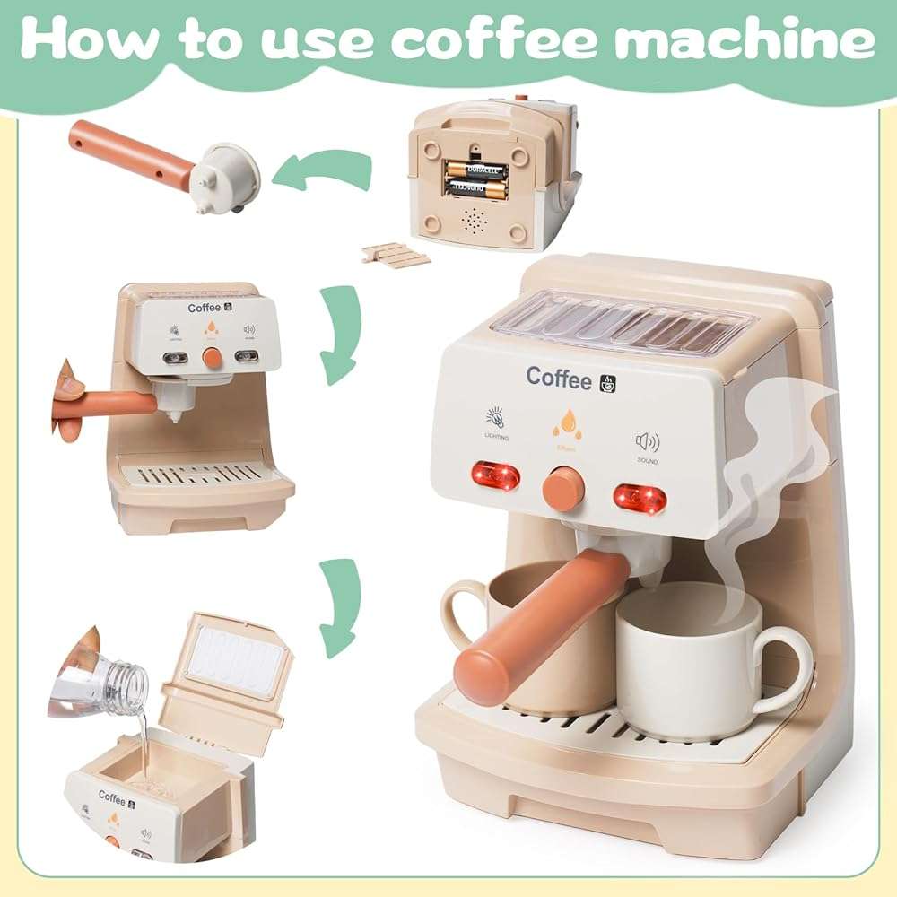Kitchen Appliances Toy for Kids Kitchen Pretend Play Toy Play Kitchen Set with Coffee Maker Blender Espresso Machine Water Dispenser Toaster Mixer Realistic Sounds for Boys Girls 3+ - Image 4