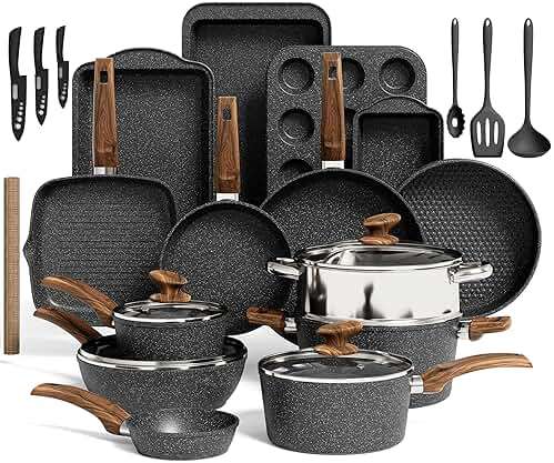 Kitchen Induction Cookware & Bakeware Set - 30 Piece Black Granite Cooking Pans Set, Non-Stick Pots and Pans Set - Image 1