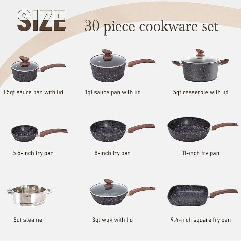 Kitchen Induction Cookware & Bakeware Set - 30 Piece Black Granite Cooking Pans Set, Non-Stick Pots and Pans Set - Image 7