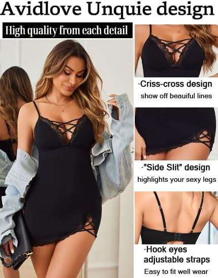 Avidlove Sexy Lingerie for Women Lace Babydoll V-Neck Modal Nightgown | Side Slit lingerie nightgowns for women Full Slip Babydoll Dresses - Image 2