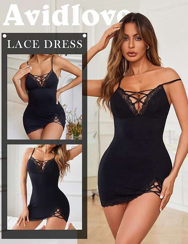 Avidlove Sexy Lingerie for Women Lace Babydoll V-Neck Modal Nightgown | Side Slit lingerie nightgowns for women Full Slip Babydoll Dresses - Image 3