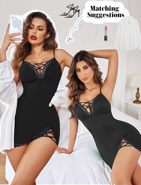 Avidlove Sexy Lingerie for Women Lace Babydoll V-Neck Modal Nightgown | Side Slit lingerie nightgowns for women Full Slip Babydoll Dresses - Image 7