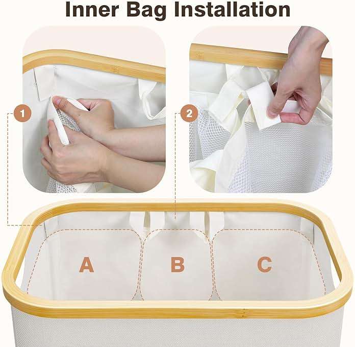 Extra Large 3 Section Dirty Clothes Laundry Basket with Lid, Dirty Clothes Hampers with Removable Bags for Bedroom and Laundry Room, Beige - Image 3