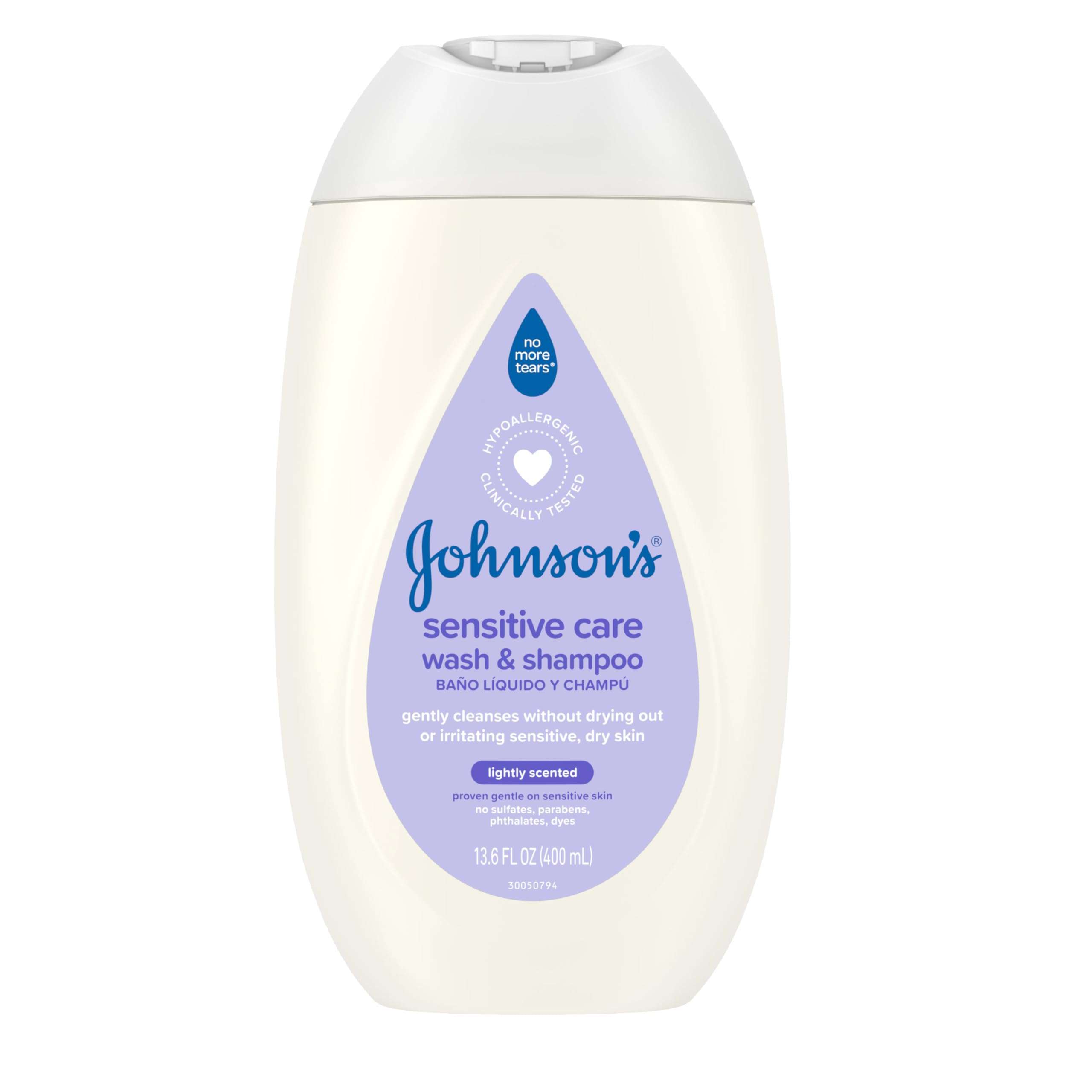 Johnson's Sensitive Care Baby Wash & Shampoo, Daily Moisturizing 2-in-1 Baby Wash & Shampoo to Gently Cleanse Without Drying Out Sensitive Skin, Light Scent, Hypoallergenic, 13.6 fl. oz - Image 1