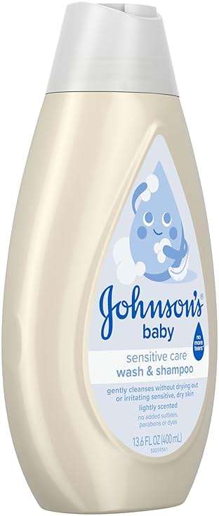Johnson's Sensitive Care Baby Wash & Shampoo, Daily Moisturizing 2-in-1 Baby Wash & Shampoo to Gently Cleanse Without Drying Out Sensitive Skin, Light Scent, Hypoallergenic, 13.6 fl. oz - Image 3