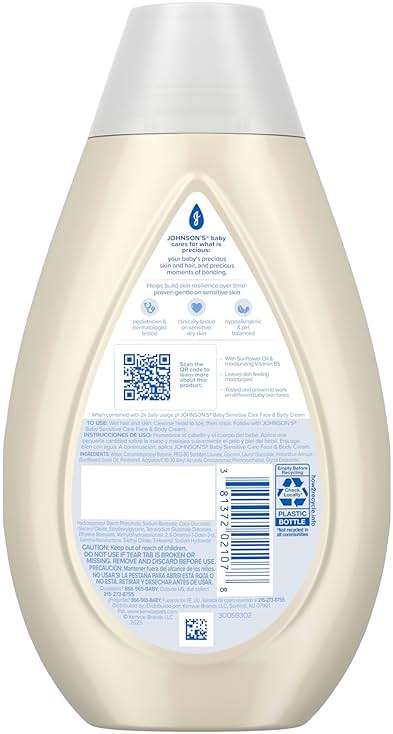 Johnson's Sensitive Care Baby Wash & Shampoo, Daily Moisturizing 2-in-1 Baby Wash & Shampoo to Gently Cleanse Without Drying Out Sensitive Skin, Light Scent, Hypoallergenic, 13.6 fl. oz - Image 9