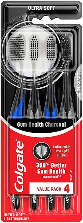 Colgate Gum Health Charcoal Toothbrush with Ultra Soft Floss Tip Bristles, Extra Soft for Sensitive Gums and Teeth, 4 Pack - Image 1