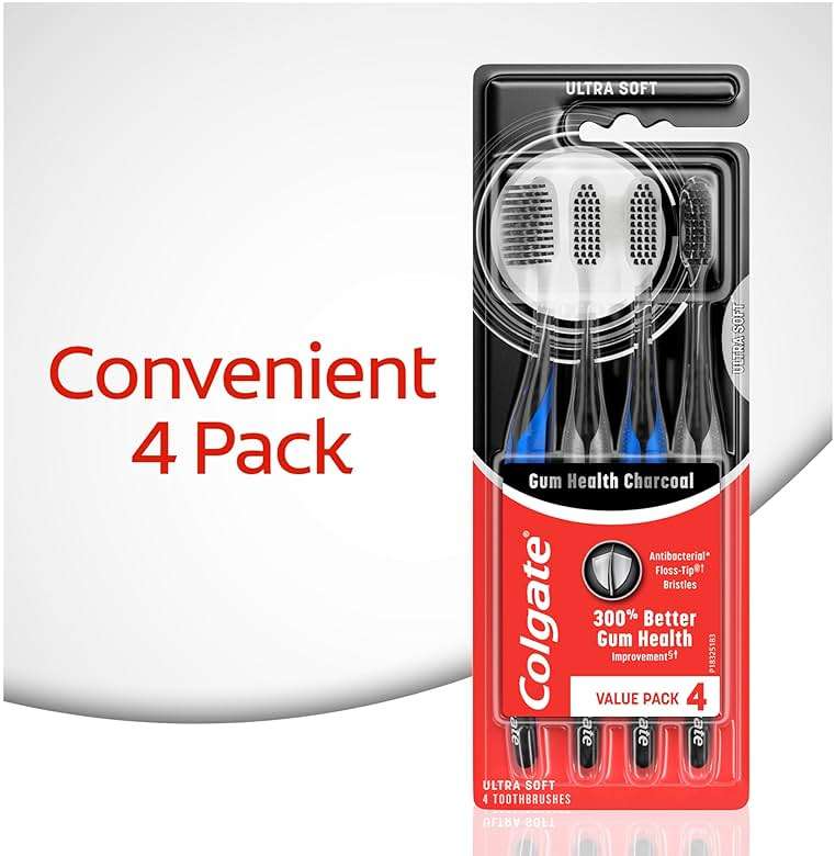 Colgate Gum Health Charcoal Toothbrush with Ultra Soft Floss Tip Bristles, Extra Soft for Sensitive Gums and Teeth, 4 Pack - Image 3