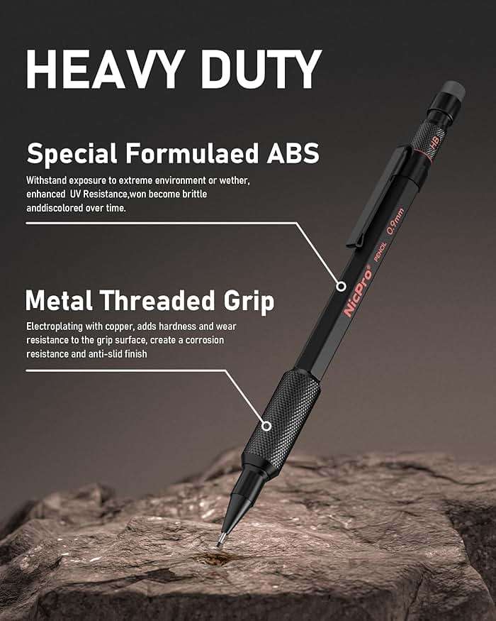Nicpro 0.9 Metal Mechanical Pencil Set with Case, 3PCS Hevey Duty MP2000 Lead Pencil With 6 Tube HB Lead Refills 0.9mm, Erasers, Weatherproof Barrel for Outdoor Writing Drafting Drawing Sketching - Image 5