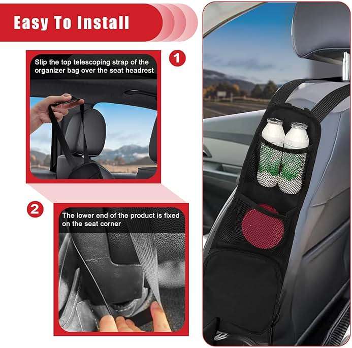 QUICTO 2PCS Car Seat Storage Hanging Bag, Multi-Pocket Seat Side Organizer, Multifunctional Mesh Net Pocket, Can Hold Mobile Phone, Wallet, Glasses, Suitable for Cars, SUVs, Trucks - Image 5