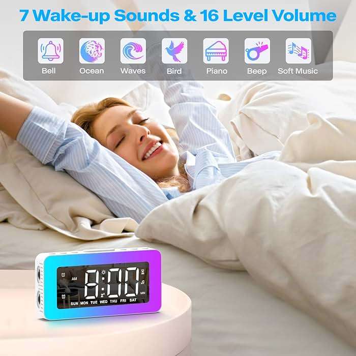 Alarm Clocks for Bedrooms, Mirror Clock with 8 RGB Atmosphere Light, Dual Alarms, 3 Alarm Modes, Snooze, Sleep Aid, Timer, USB Charger, Bedside Digital Alarm Clock for Kids, Adults, Heavy Sleepers - Image 4