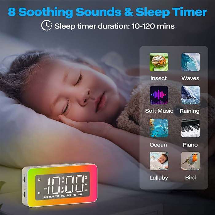 Alarm Clocks for Bedrooms, Mirror Clock with 8 RGB Atmosphere Light, Dual Alarms, 3 Alarm Modes, Snooze, Sleep Aid, Timer, USB Charger, Bedside Digital Alarm Clock for Kids, Adults, Heavy Sleepers - Image 5