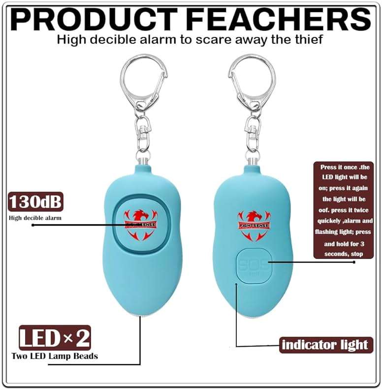 Fightsense Personal Alarm Keychain with Snap Hook, 130dB Siren Safety Alarm for Women LED Light (300m Audible) (Cyan) - Image 7
