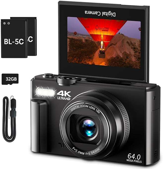 4K Digital Camera for Photography, 64MP Vlogging Camera for YouTube with 3" 180° Flip Screen, 18X Digital Zoom Point and Shoot Camara with 32GB Micro SD Card for Beginner (Black) - Image 1