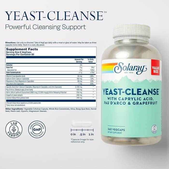 SOLARAY Yeast Cleanse, Antioxidant Support with Caprylic Acid, PAU d'Arco, Licorice Root Extract and Grapefruit Seed Extract, 60-Day Guarantee, 60-Day Guarantee, 60 Servings, 360 VegCaps - Image 2