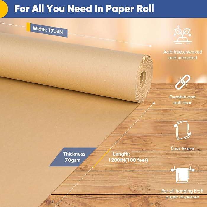 Vanhench Brown Wrapping Paper Roll, Craft Kraft Packing Paper 17.5"x 1200"(100') for Birthday Gift Bulletin Board Arts Bouquet Flower Table Covering Poster Moving Supplies 70GSM 50LB - Image 3