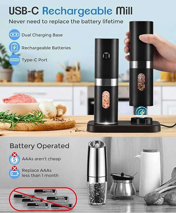 Electric Salt and Pepper Grinder Set, New Rechargeable Salt and Pepper Mill with Charging Base, Adjustable Coarseness Shakers with LED Light, One Hand Operation for Kitchen Appliances Gifts for Women - Image 3