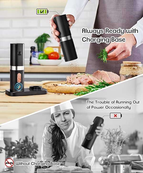 Electric Salt and Pepper Grinder Set, New Rechargeable Salt and Pepper Mill with Charging Base, Adjustable Coarseness Shakers with LED Light, One Hand Operation for Kitchen Appliances Gifts for Women - Image 4