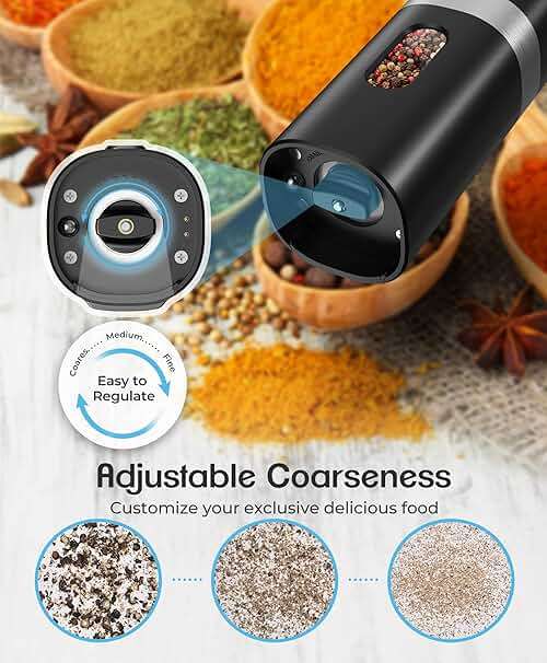 Electric Salt and Pepper Grinder Set, New Rechargeable Salt and Pepper Mill with Charging Base, Adjustable Coarseness Shakers with LED Light, One Hand Operation for Kitchen Appliances Gifts for Women - Image 6