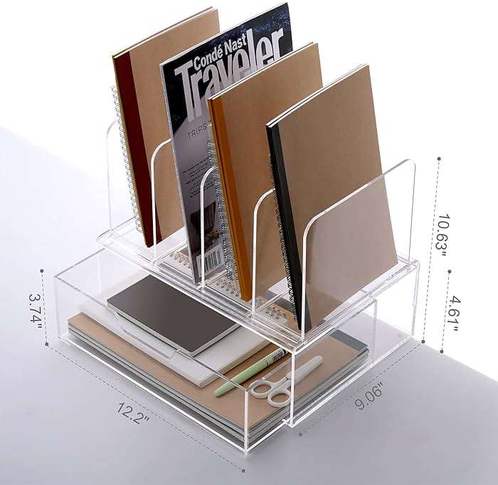HeZone Desk Organizers and Accessories, Acrylic Desk Organizer with Drawer, Office Supplies Organization Storage, Clear Acrylic File Organizer for Desk - 1 Pack - Image 2