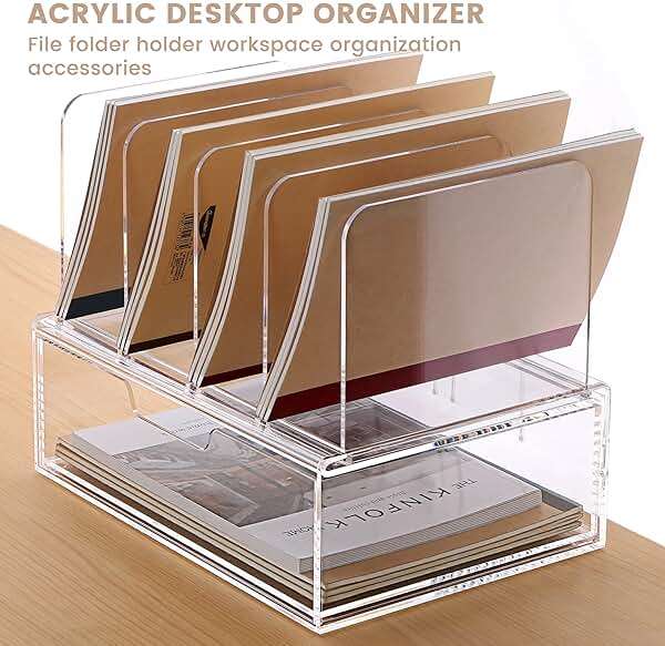 HeZone Desk Organizers and Accessories, Acrylic Desk Organizer with Drawer, Office Supplies Organization Storage, Clear Acrylic File Organizer for Desk - 1 Pack - Image 3