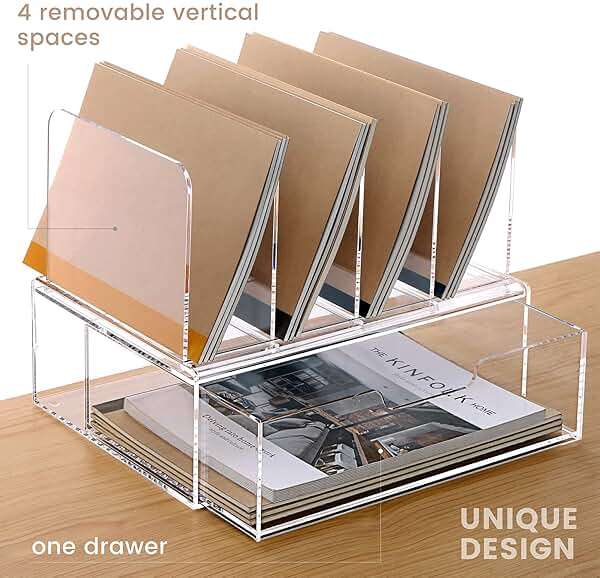 HeZone Desk Organizers and Accessories, Acrylic Desk Organizer with Drawer, Office Supplies Organization Storage, Clear Acrylic File Organizer for Desk - 1 Pack - Image 4